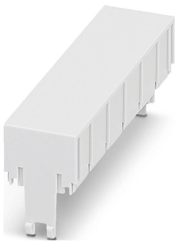 Eine weiße rechteckige elektronische Komponente mit Anschlüssen am unteren Ende, wahrscheinlich für die Montage von Elektro- oder Elektronikgeräten verwendet.