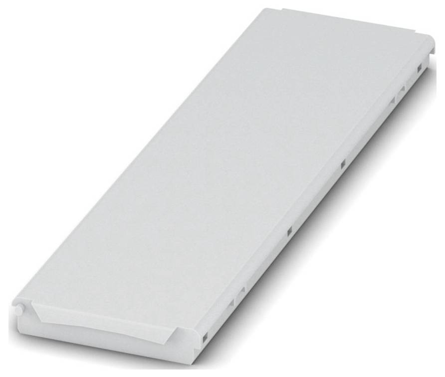Eine rechteckige weiße Gehäuseabdeckung, wahrscheinlich für elektronische Komponenten, mit einer glatten Oberfläche und Schnappverschlüssen an den Kanten zur sicheren Befestigung.