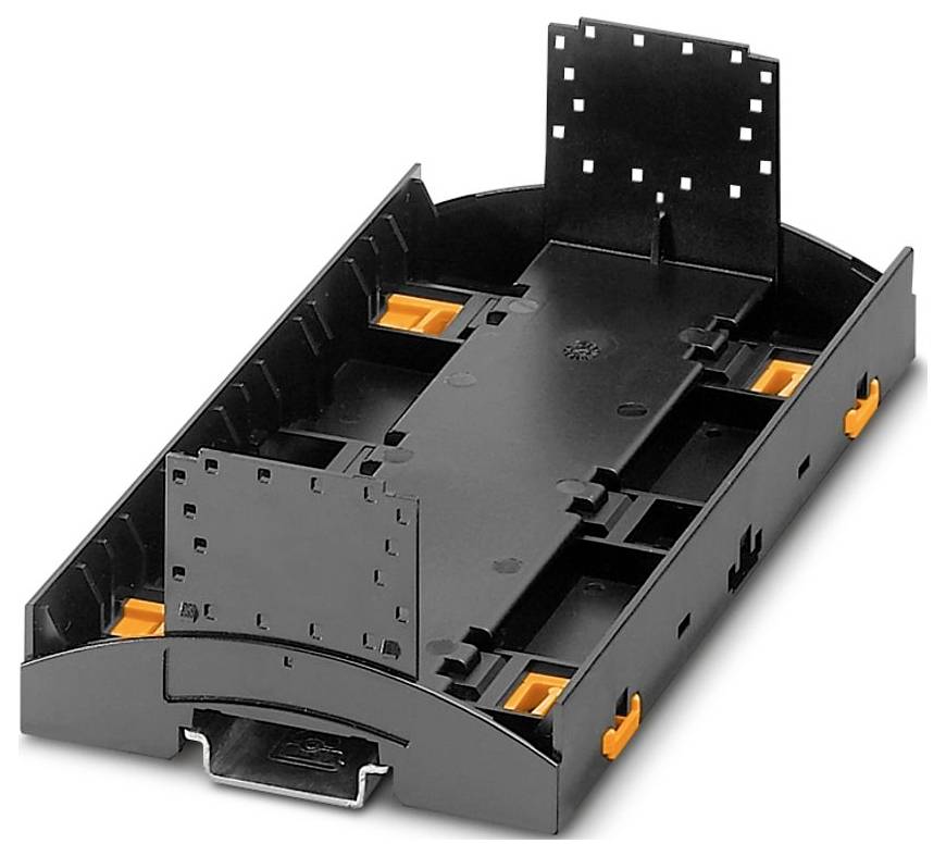 Eine schwarze Kunststoff-Montageklammer mit mehreren Schlitzen und orangefarbenen Clips, entwickelt, um elektronische Komponenten sicher an Ort und Stelle zu halten.