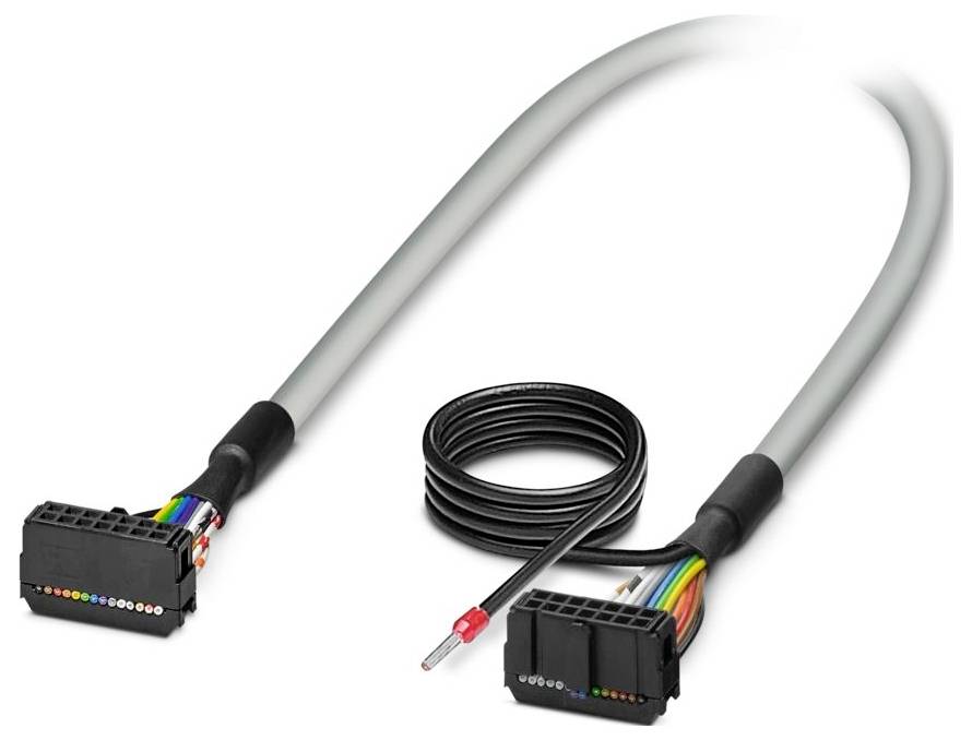 Graues Elektrokabel mit zwei schwarzen Steckern an jedem Ende. Die Stecker haben farbige freiliegende Drähte. Geeignet für Datenübertragung.
