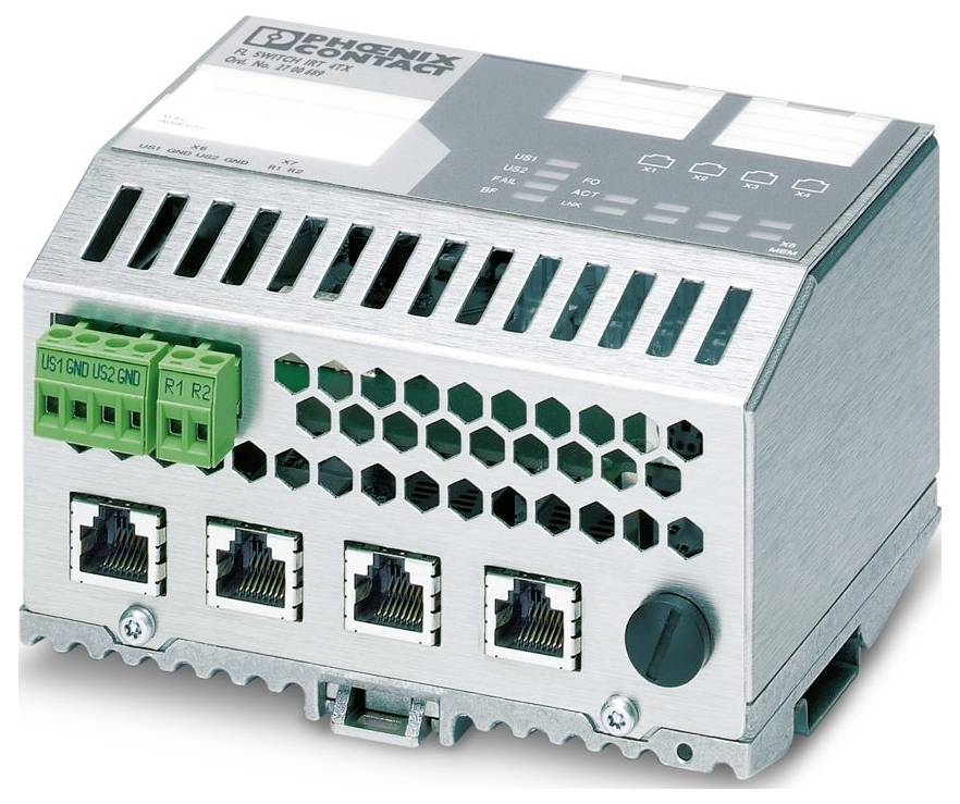 Netzwerk-Switch-Gerät mit vier Ethernet-Anschlüssen und grünen Klemmleisten, für industrielle Anwendungen konzipiert. Markenname 'Phoenix Contact'.