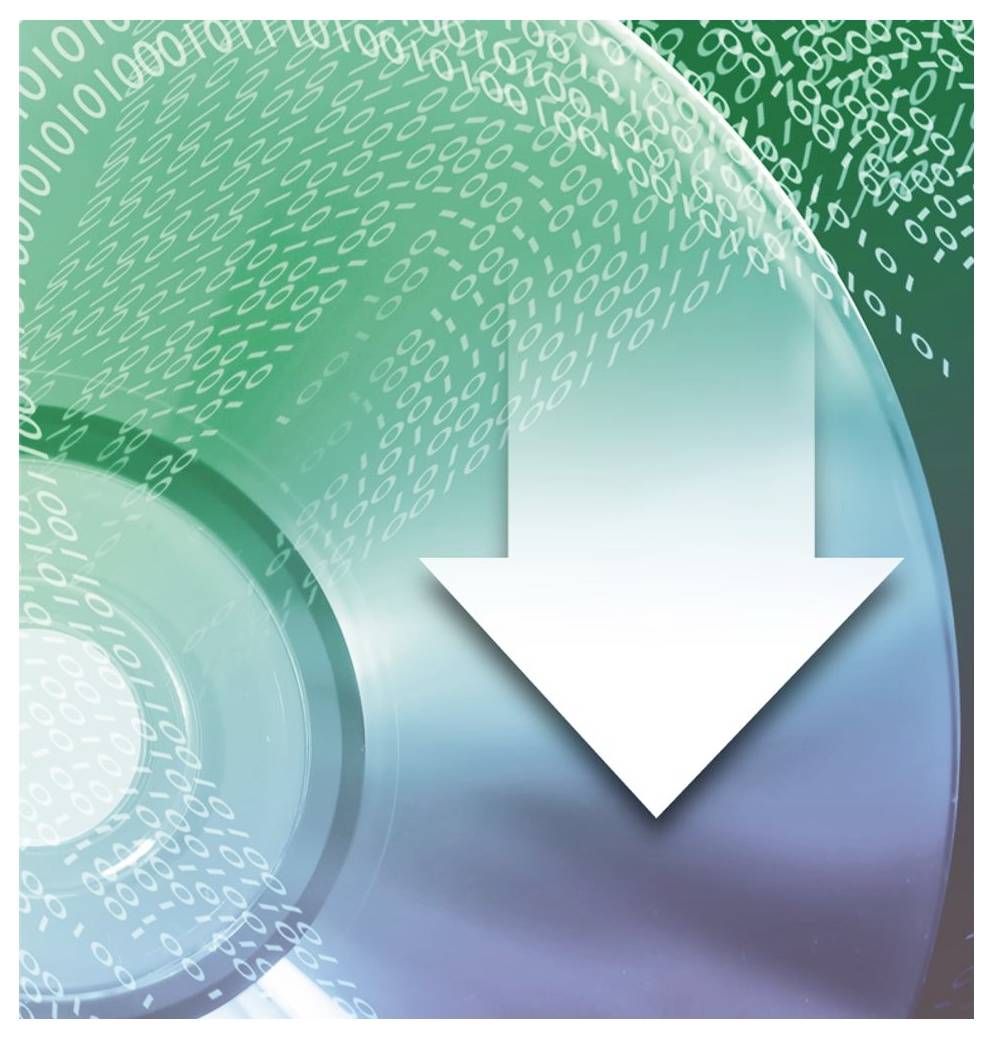 Eine CD mit binärer Code-Überlagerung und einem großen weißen Pfeil nach unten, der den digitalen Datendownload oder die Datenübertragung von der Disc symbolisiert.