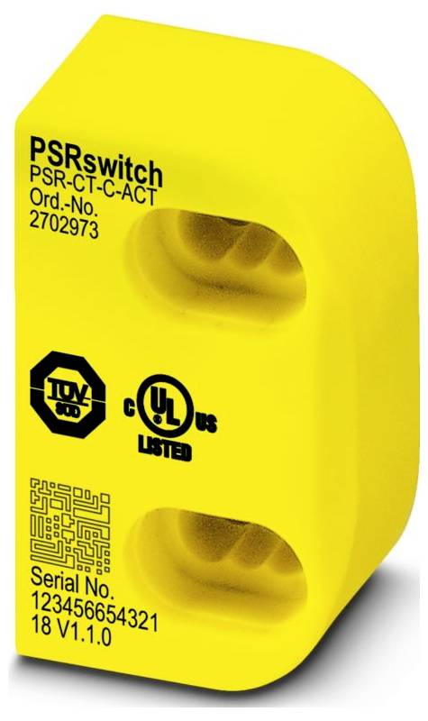 Gelber PSR-Schalter mit zwei kreisförmigen Vertiefungen, gekennzeichnet mit „PSRswitch PSR-CT-C-ACT