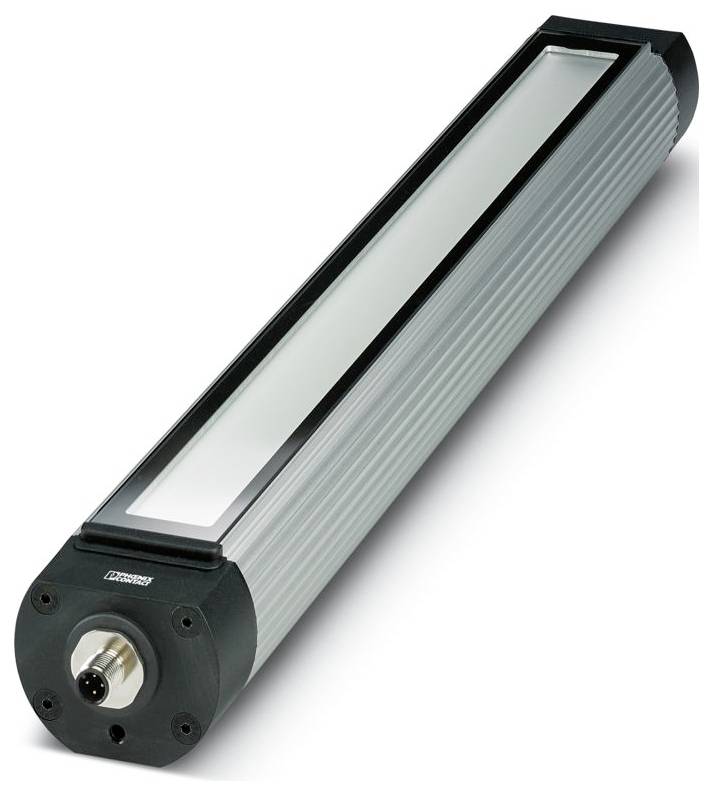 Ein rechteckiges LED-Maschinenlicht mit schlankem, metallischem Design und einem zentralen Stromstecker an einem Ende, das für industrielle Anwendungen verwendet wird.