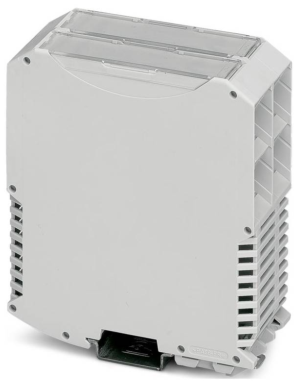 Ein rechteckiges, beiges elektronisches Gehäuse mit belüfteten Seiten und transparenter Abdeckung, das zum Gehäuse und Schutz von Schaltungskomponenten konzipiert ist.