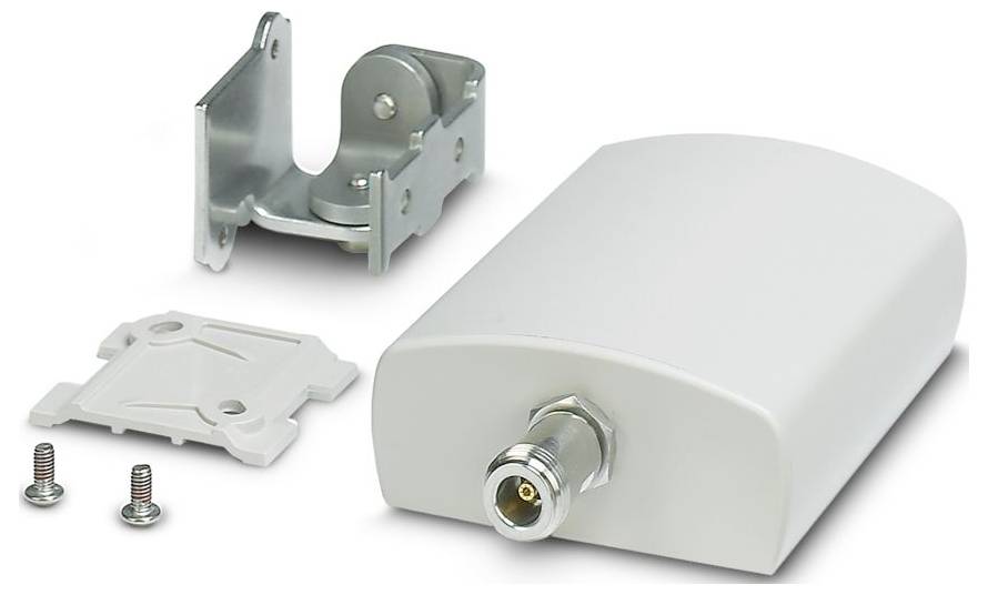 Eine weiße rechteckige Antenne mit Koaxialstecker und separativ dargestellter Montageklammer.