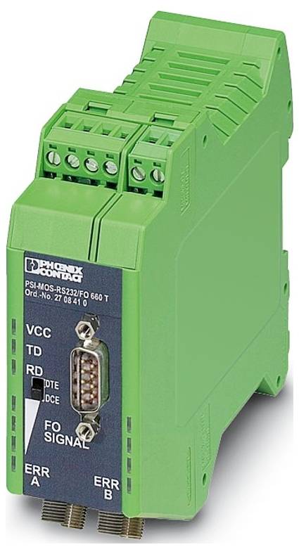 Ein grünes Phoenix Contact PSI-MOS-RS232/FO-Konvertermodul mit Terminalanschlüssen und einem RS-232-Port auf der Vorderseite, entwickelt für die Verarbeitung von Datensignalen und Fehlern.