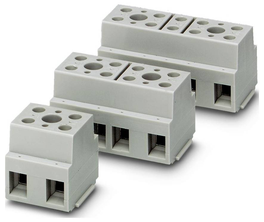 Drei graue Klemmleisten verschiedener Größen, nebeneinander angeordnet, mit sichtbaren Anschlussplätzen für die elektrische Verdrahtung.