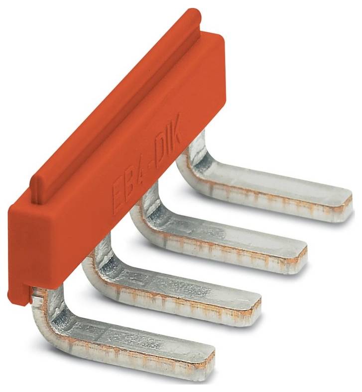 Ein roter elektrischer Sammelschienenstecker-Block mit vier Metallstiften, die nach unten ragen.