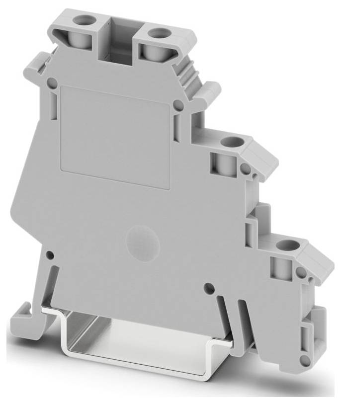 Ein graues, fünfstufiges Klemmblock mit Anschllusspunkten und Montageelementen, das in elektrischen Systemen zur Verdrahtungsorganisation und Sicherheit verwendet wird.