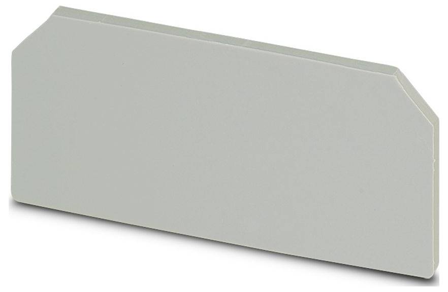 Eine rechteckige graue Kunststoff-Endkappe mit abgeschrägter Kante, die zur Beendigung und zum Schutz von elektrischen Klemmenblöcken verwendet wird.