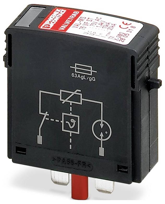 Eine schwarze elektrische Komponente mit einem Schaltplandesign und der Markierung „63AgL/gG