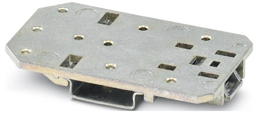 Eine rechteckige Metallmontageplatte mit mehreren Bohrungen und Ausschnitten, die zum Befestigen von Komponenten in mechanischen oder elektronischen Baugruppen verwendet wird.
