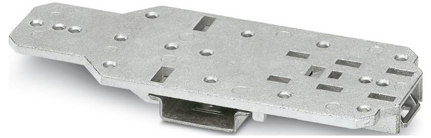 Eine flache, rechteckige Metallmontageplatte mit mehreren Löchern und Schlitzen zum Befestigen von Komponenten oder Ausrüstung, aus einem Winkel betrachtet.