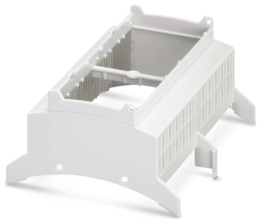 Eine weiße Kunststoffkomponente mit einem rechteckigen Rahmen und seitlichen Stützen, möglicherweise eine Basis oder ein Gehäuse für ein elektronisches Gerät oder eine Maschine.