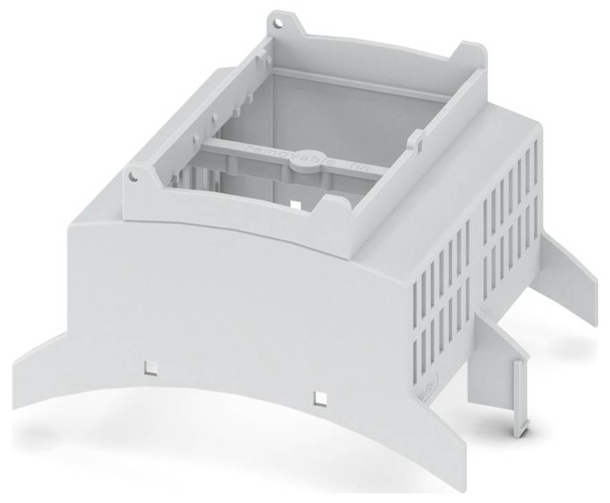 Eine graue industrielle Montageklammer mit rechteckiger Grundplatte und gekrümmten Stützen, die zur Befestigung elektronischer Komponenten verwendet wird.