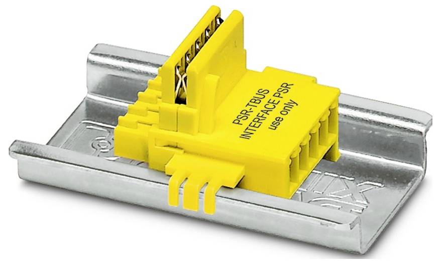 Ein gelber elektrischer Stecker mit der Beschriftung „PSR-TBUS INTERFACE-PSR Use only
