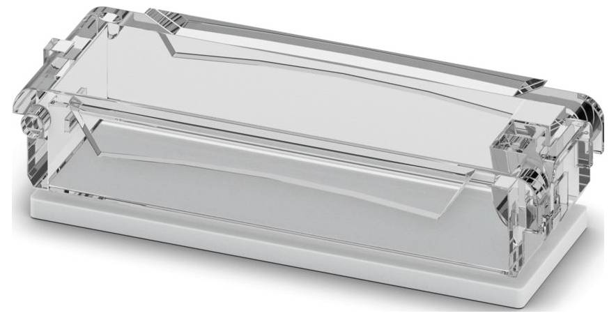 Durchsichtiger rechteckiger Kunststoff-Eiswürfelbereiter mit separatem Sockel, entwickelt zur Eisherstellung zu Hause.