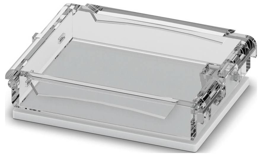 Ein transparentes Acryl-Briefablage mit modernem, schrägem Design, platziert auf einer weißen Oberfläche, verwendet zur Organisation von Dokumenten oder Post.
