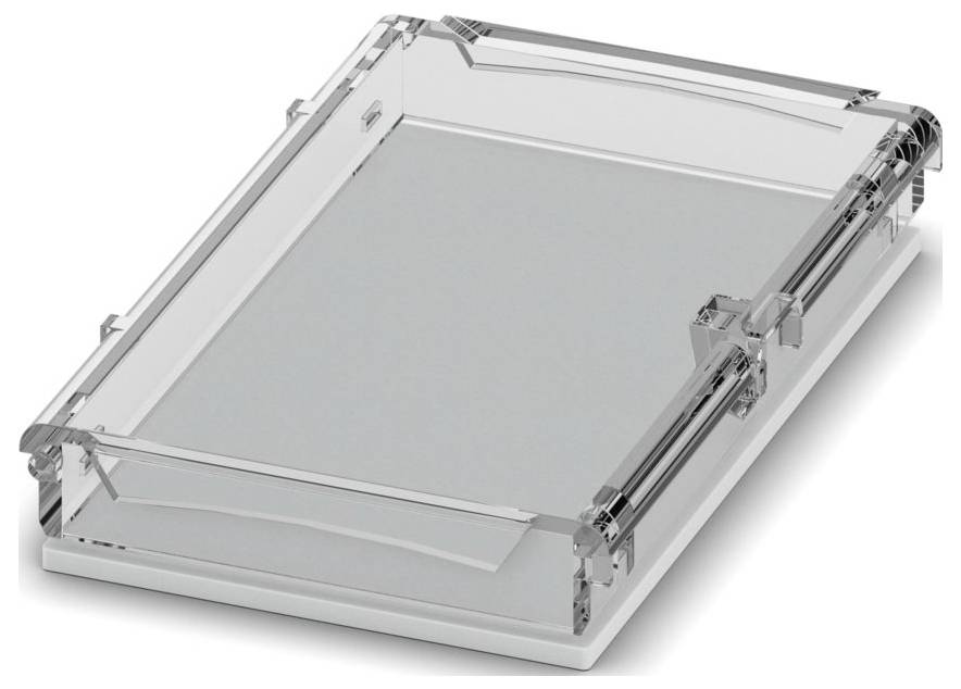 Ein transparentes Acryl-Briefablage mit modernem Design, mit geschwungenen Kanten und einer glänzenden Oberfläche, die zur Organisation von Dokumenten auf einem Schreibtisch verwendet wird.