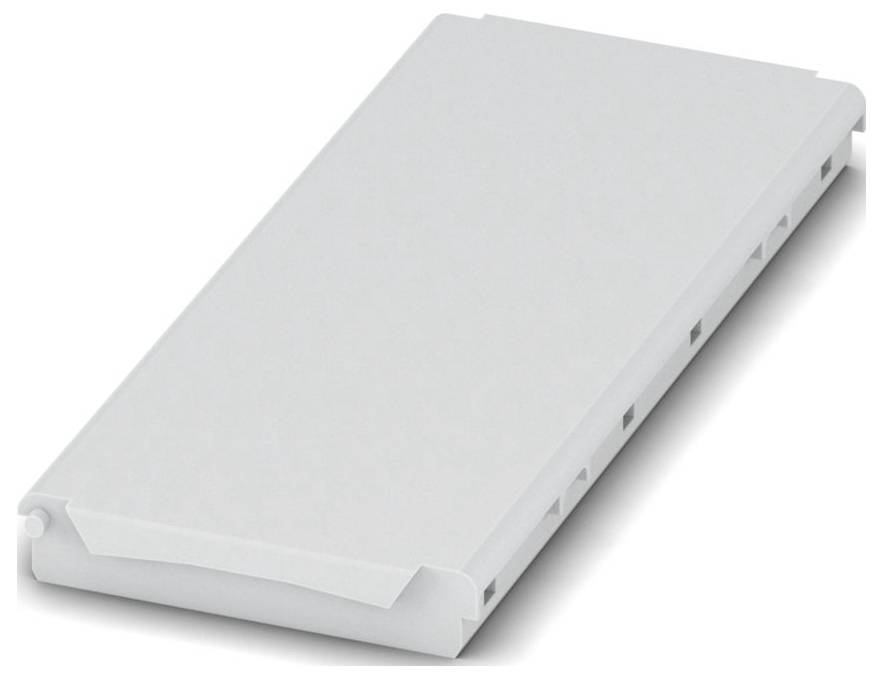 Eine weiße Kunststoffkomponente mit rechteckiger Form, die eine flache Oberseite und eingekerbte Seitenflächen aufweist und typischerweise in elektronischen Baugruppen verwendet wird.