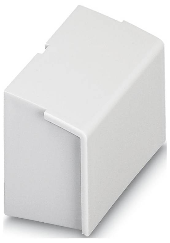 Ein weißes, rechteckiges Kunststoff-Elektronikgehäuse mit glatter Oberfläche und abgewinkeltem Design, von oben seitlich betrachtet.