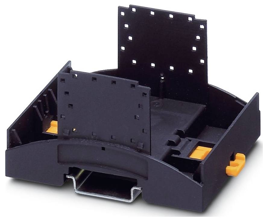 Eine schwarze Kunststoff-Montageklammer in quadratischer Form mit mehreren Schlitzen und zwei orangefarbenen Klammern, entwickelt zur Befestigung elektronischer Komponenten.
