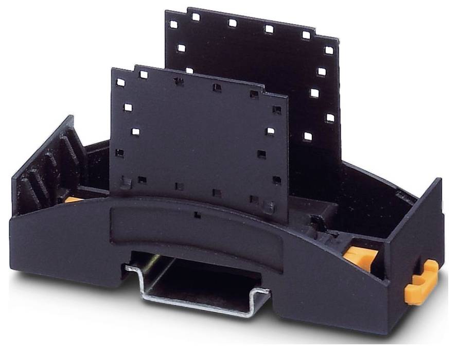 Eine schwarze Kunststoff-Montageklammer mit zwei perforierten schwarzen Panels. Sie verfügt über orange Laschen und ist für die Halterung von elektronischen Komponenten konzipiert.