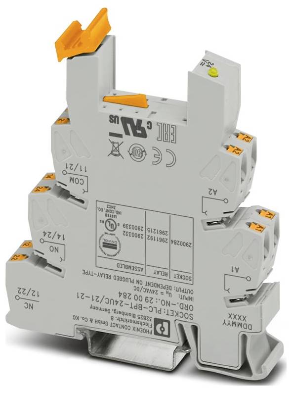 Ein grauer elektrischer Relais mit orangefarbenen Anschlüssen, der mehrere technische Spezifikationen und Zertifizierungslogos auf seiner Oberfläche aufweist.