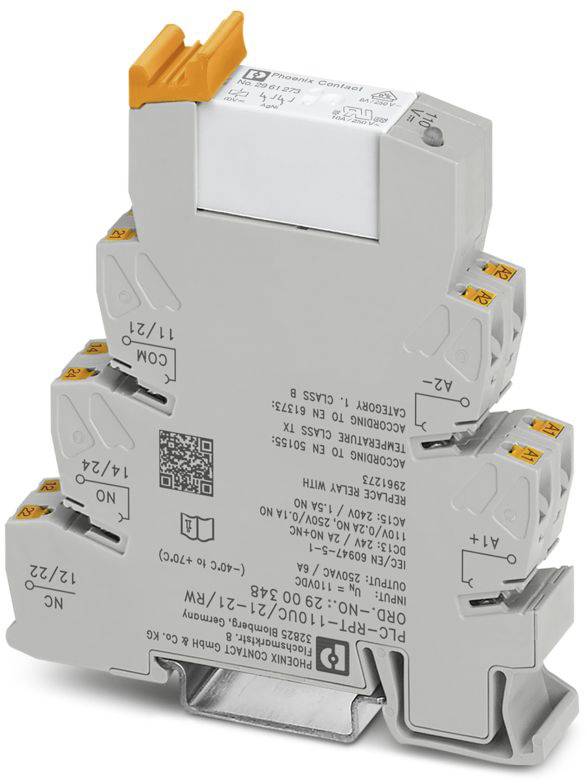 Ein graues Elektrorelaismodul mit orangefarbenen Anschlussblöcken, mit Kennzeichnungen und auf der Oberfläche gedruckten Spezifikationen.