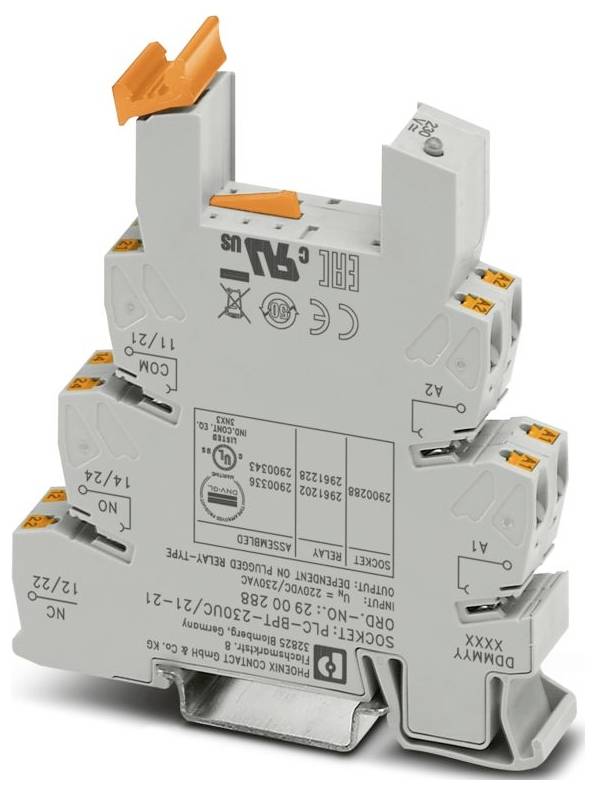 Phönix Contact Relaismodul mit mehreren Anschlussöffnungen, gekennzeichneten Spezifikationen und orangefarbener Verschlussvorrichtung oben, verwendet für elektrische Schaltungen.