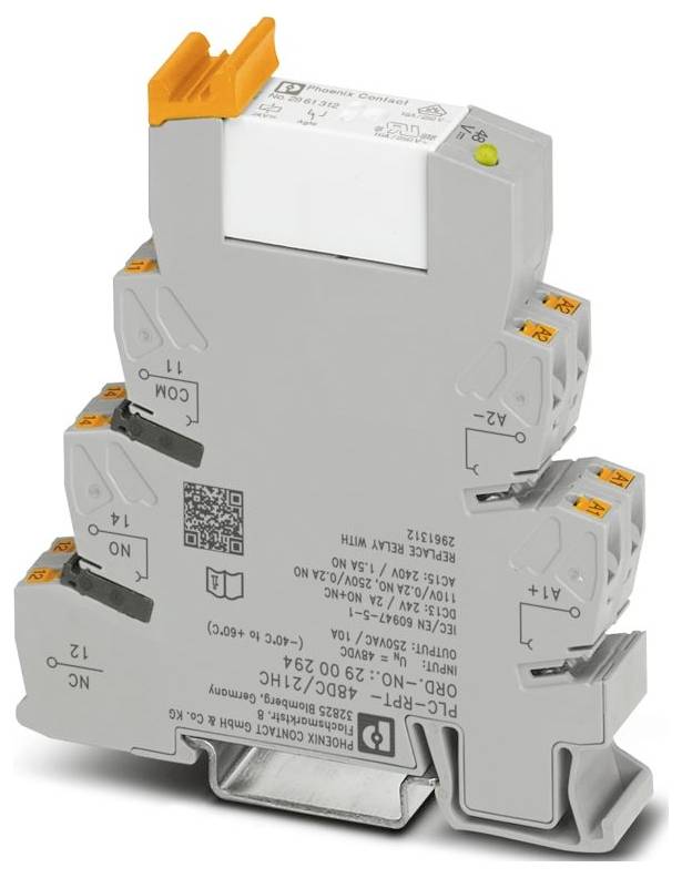 'PLC-RPT-24DC/21-21AU' Schnittstellenrelaismodul, grau mit orangefarbigen Steckverbindern, verwendet für elektrische Signalschaltung und Isolation.