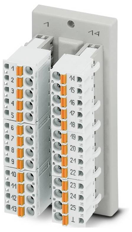 Ein grauer Klemmblock mit zwei Reihen von nummerierten Steckplätzen von 1 bis 14, der zum Organisieren und Verbinden von Elektrokabeln verwendet wird.