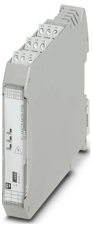Ein graues elektrisches Modul mit Anschlüssen auf der Oberseite und auf der Seite mit „TERMINATION-PTB
