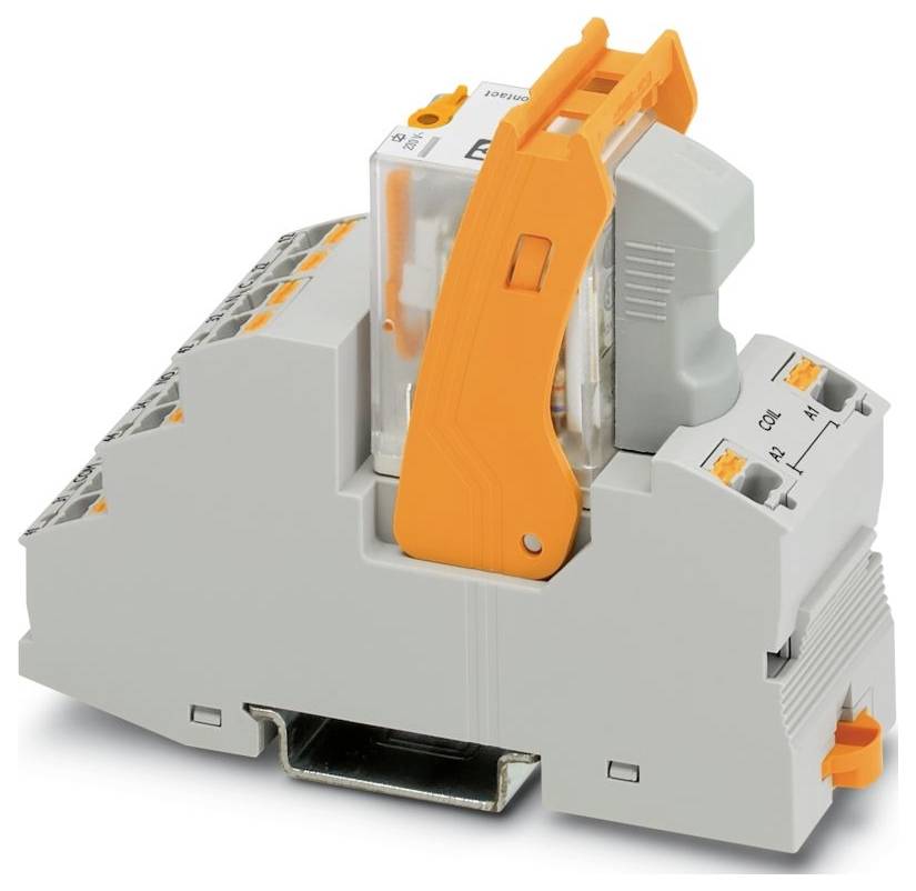 Ein grauer Industrierelais mit einer orangefarbenen Verriegelung ist auf einer DIN-Schiene montiert. Die Oberseite weist transparente Elemente auf, die interne Komponenten zeigen.