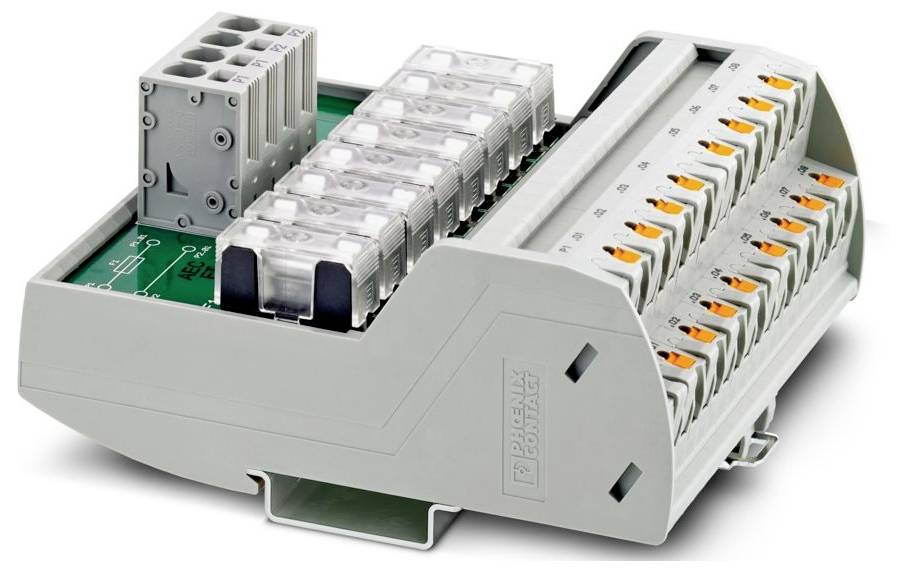 Ein Klemmleistenblock mit mehreren beschrifteten Anschlüssen und durchsichtigen Abdeckungen, entwickelt zur Organisierung und Sicherung der Verdrahtung.