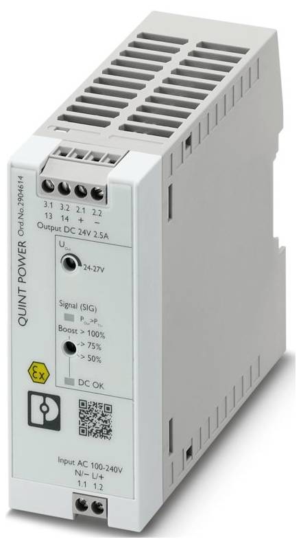 Ein QUINT POWER Gerät zur DIN-Schienenmontage mit Ausgangsspezifikationen von 24V 2,5A und Eingangsspannungsbereich von 100-240V AC.