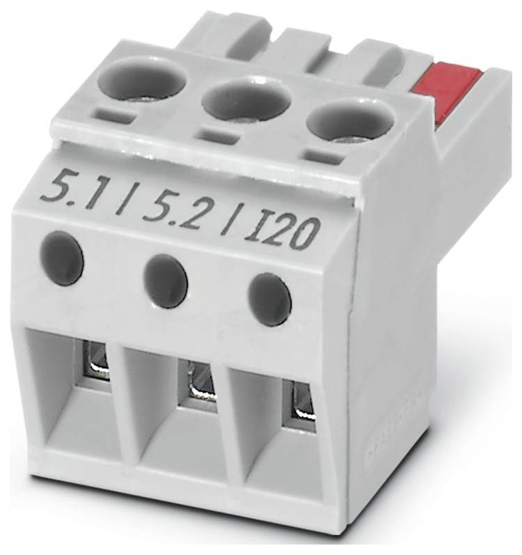 Ein graues Industrie-Klemmleistenblock mit mehreren orangefarbenen Verbindungspunkten, mit einem Metallstecker ausgestattet.