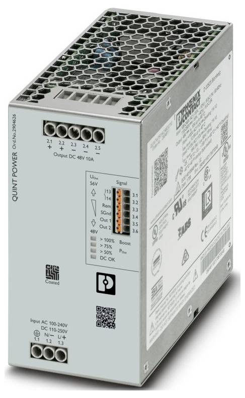 Eine silberne industrielle Stromversorgungseinheit mit belüftetem Deckel, Anschlüsse mit der Bezeichnung „Ausgang DC 48V 10A