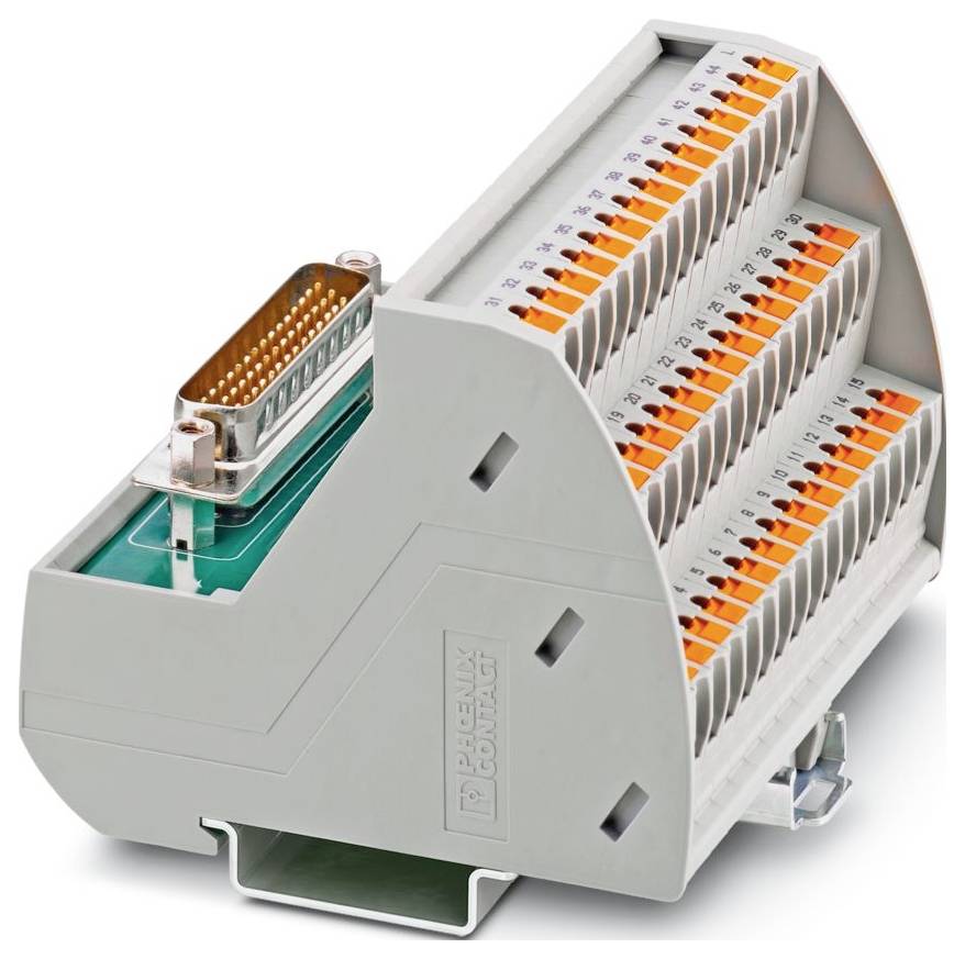 Ein grau-orangefarbiger mehrstöckiger Klemmblock mit verschiedenen Anschllusspunkten, der zur Elektroverdrahtung und Schaltkreisorganisation verwendet wird.