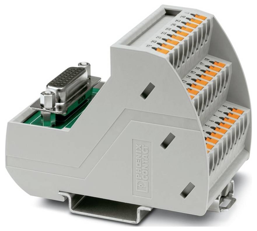 Ein Klemmenblockanschluss mit mehreren orangen Hebeln und einem silbernen Anschluss, verwendet für elektrische Verbindungen, gekennzeichnet mit 