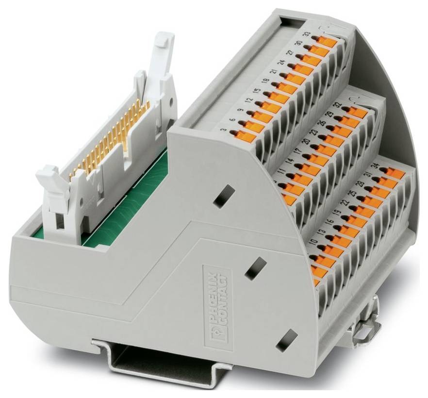 Ein kompaktes, graues Klemmenleistenblock mit drei Reihen orangefarbener Anschlüsse für die elektrische Verkabelung, ausgestattet mit einem Hebelmechanismus für sichere Befestigung.