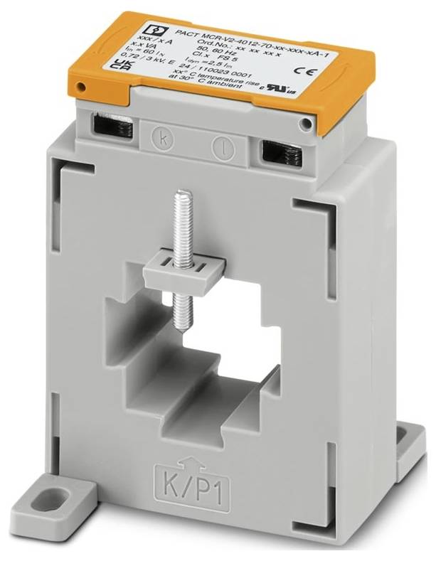 Stromwandler zur Überwachung des elektrischen Flusses mit quadratischer zentraler Öffnung, orangefarbener Anschlussabdeckung und Beschriftung K/P1.