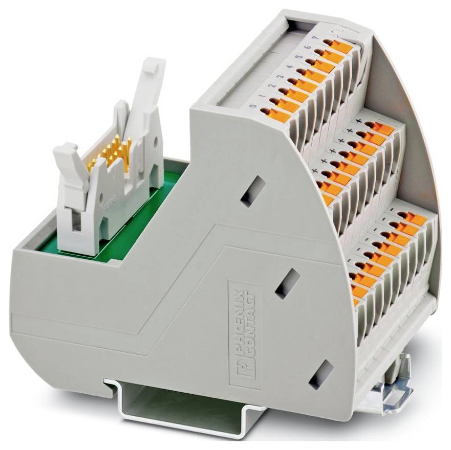 Ein graues Phoenix Contact Klemmblock mit mehreren Anschlüssen und orangefarbenen Hebeln, das für elektrische Verdrahtung in Industrieanwendungen verwendet wird.