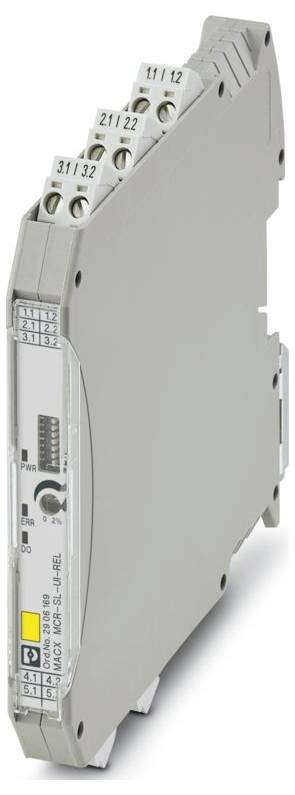Ein schlankes, graues elektronisches Modul mit mehreren Klemmenein­gängen und einem beschrifteten Seitenpanel, das zur Signalisolierung und Umwandlung in Steuersystemen verwendet wird.