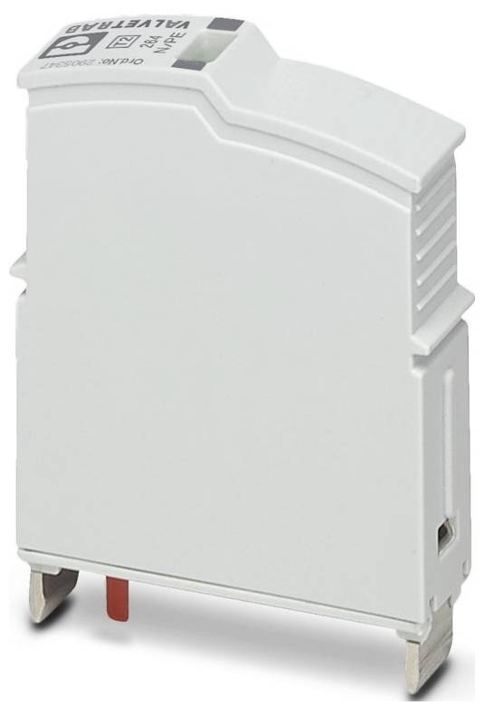 Ein weißes elektronisches Modul mit kompaktem Design, das ein bedrucktes Textlabel und Anschlussklemmen an der Unterseite aufweist.