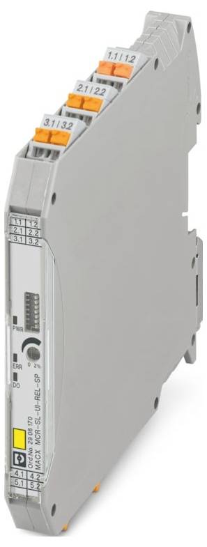 Ein schlankes, graues elektronisches Modul mit orangefarbenen Steckverbindern und beschrifteten Anschlüssen, das zur industriellen Signalübertragung verwendet wird.