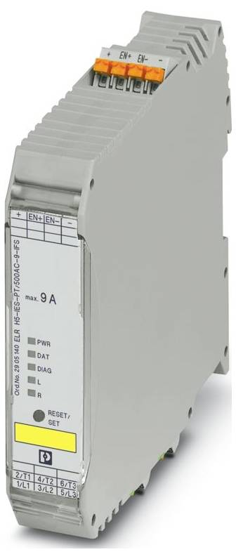 Ein graues DIN-Schienennetzteilmodul mit Kontrollleuchten, gekennzeichnet mit „9A