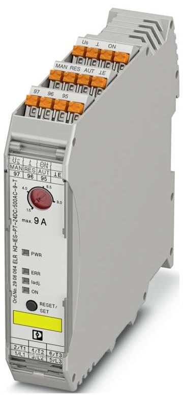 Ein Elektrisches Relaismodul mit beschrifteten Anschlüssen für Verbindungen. Ein roter Reset-Knopf und Kontrollleuchten zeigen Stromversorgung, Fehler und Status an.