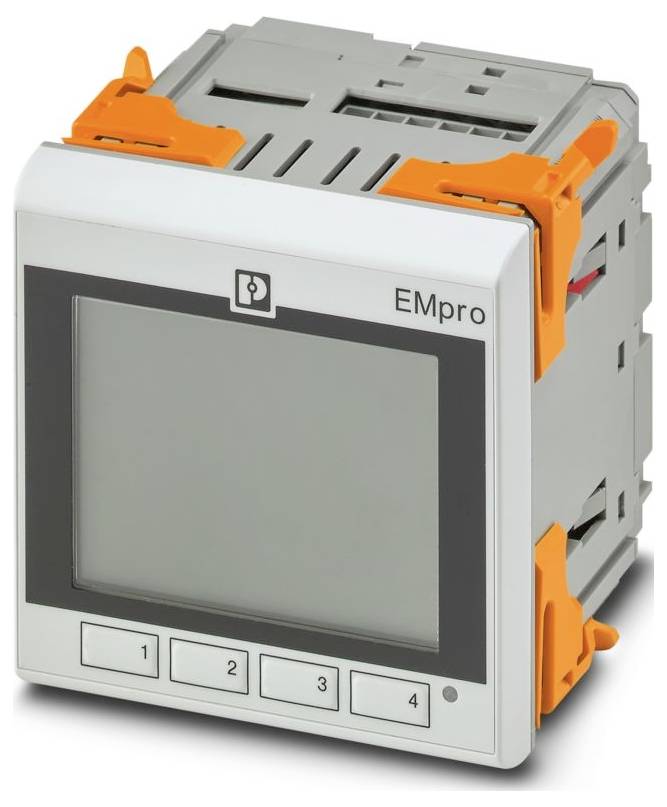 Ein digitales Energiemessgerät mit grauem Display und Tasten mit den Beschriftungen „1